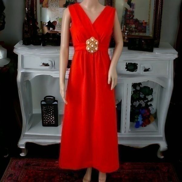 Joseph Magnin Maxi Dress S Hostess Orange Mod Vintage 70s Bejeweled Empire Waist