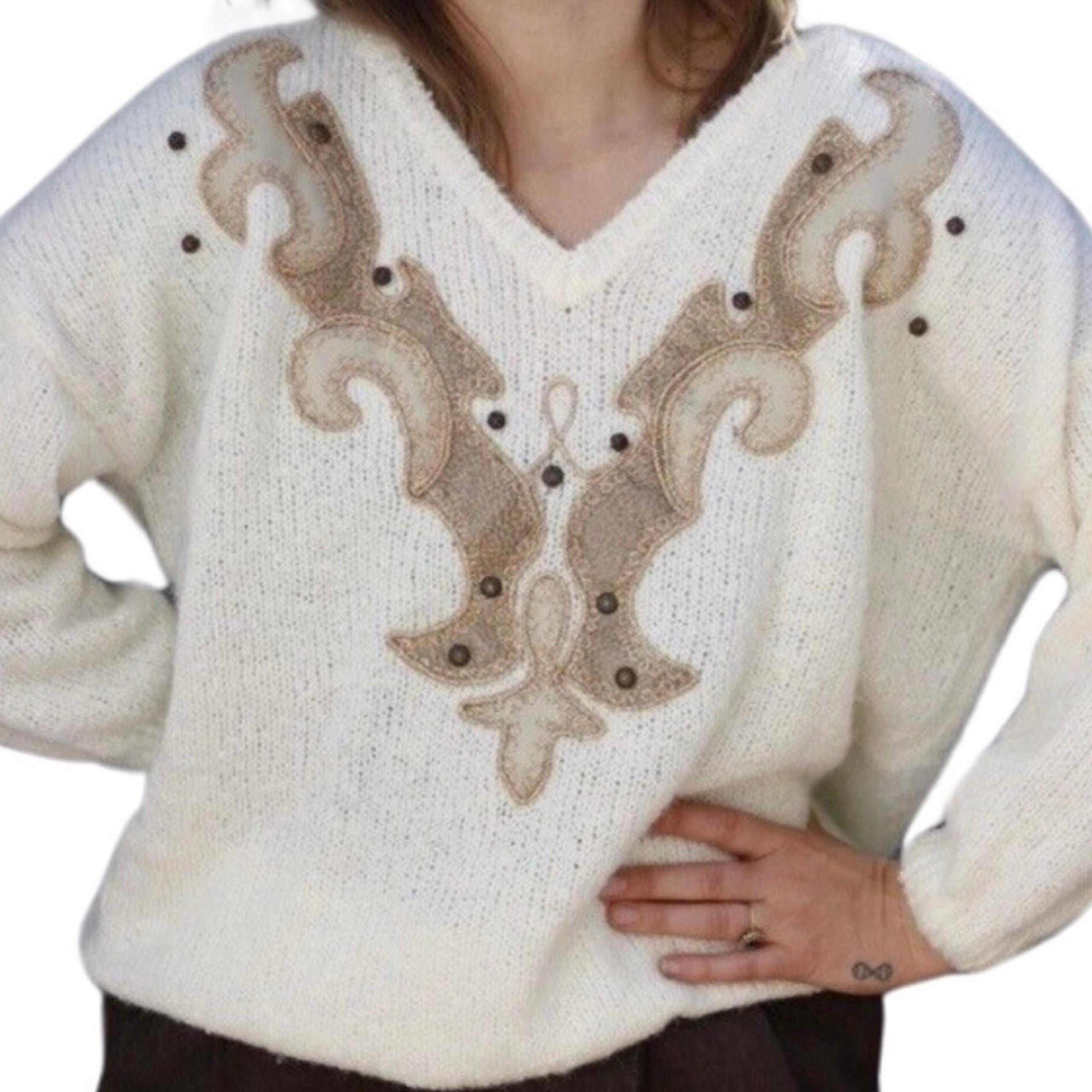 NWT Vintage 80s Beldoch Popper Off-White & Beige Beaded Knit Sweater