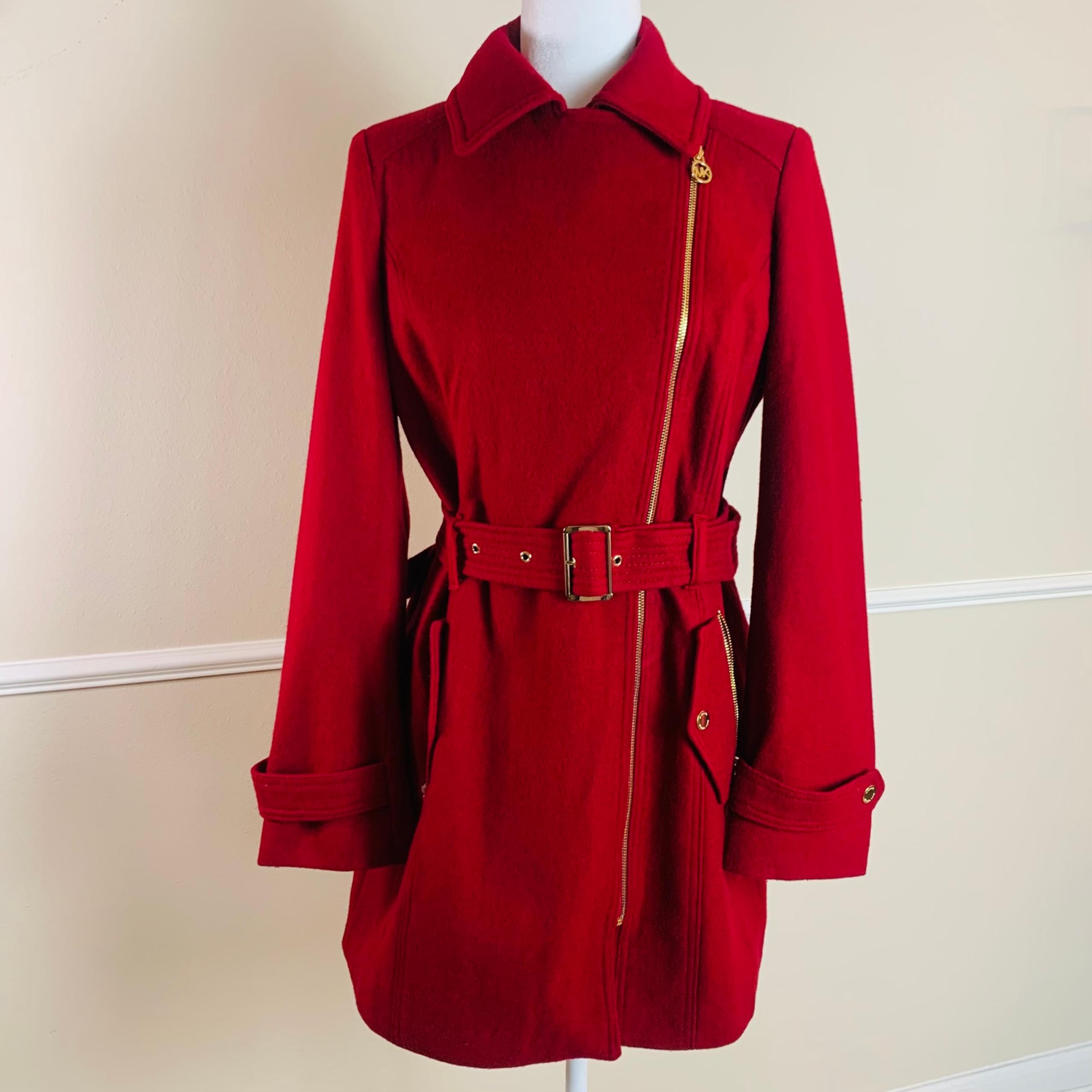 Michael Kors Red Asymmetrical Belted Peacoat Gold Logo