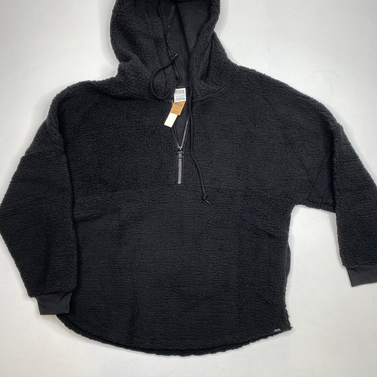 Victoria's Secret PINK Black Half-Zip Varsity Sherpa Pullover Women's Size XL