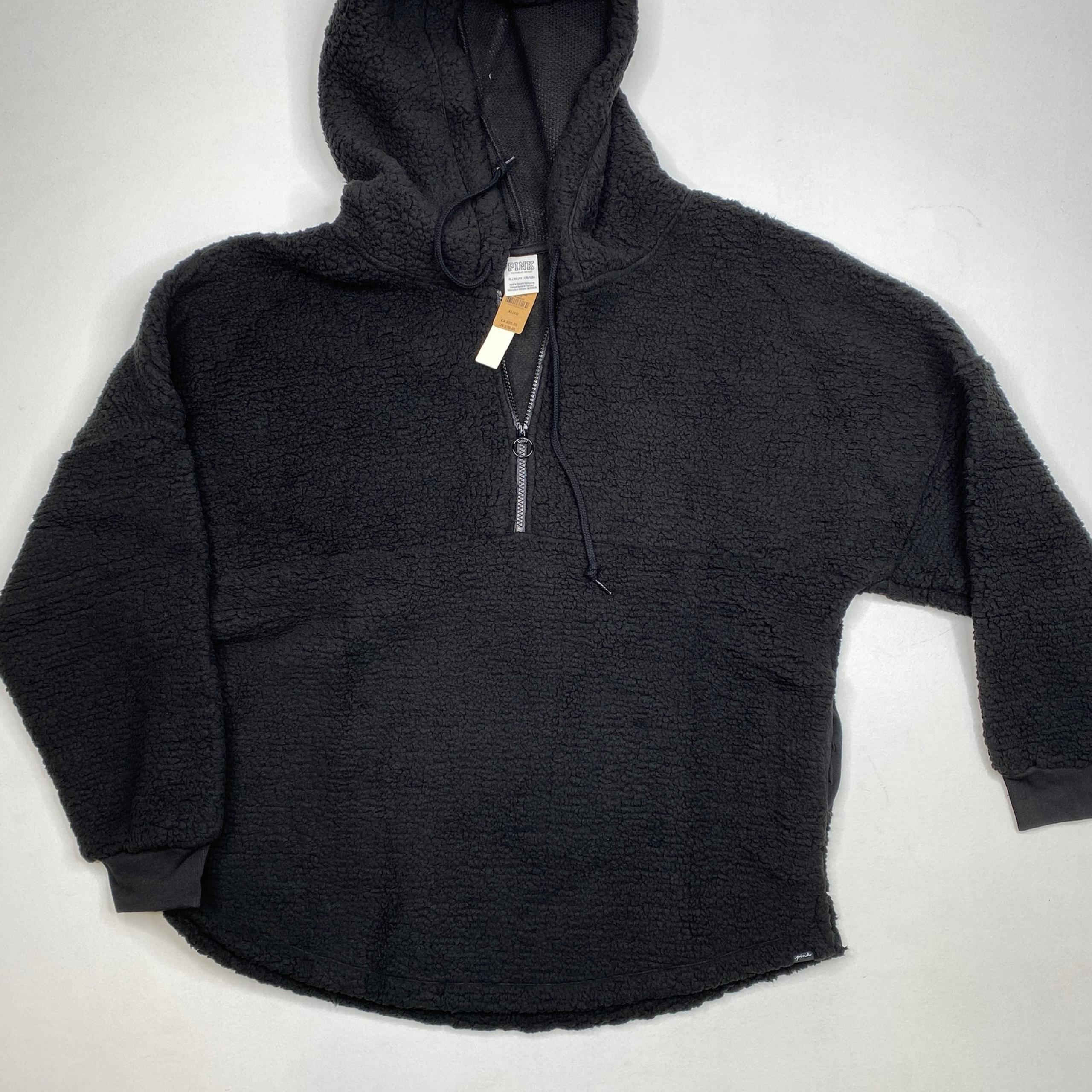 Victoria's Secret PINK Black Half-Zip Varsity Sherpa Pullover Women's Size XL