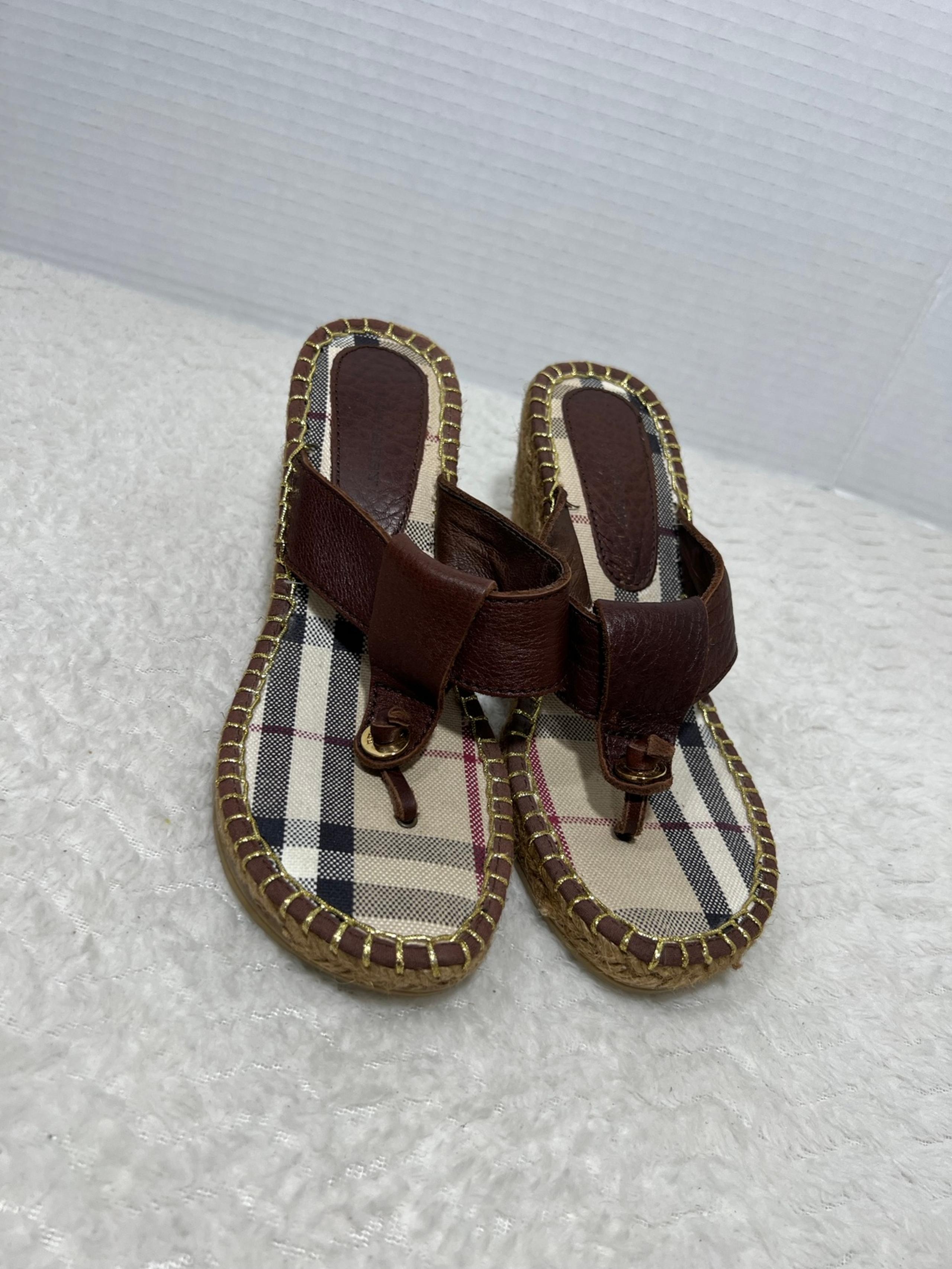 Burberry Nova Check Brown Leather Espadrille Wedge Slides Sandals Women’s 36