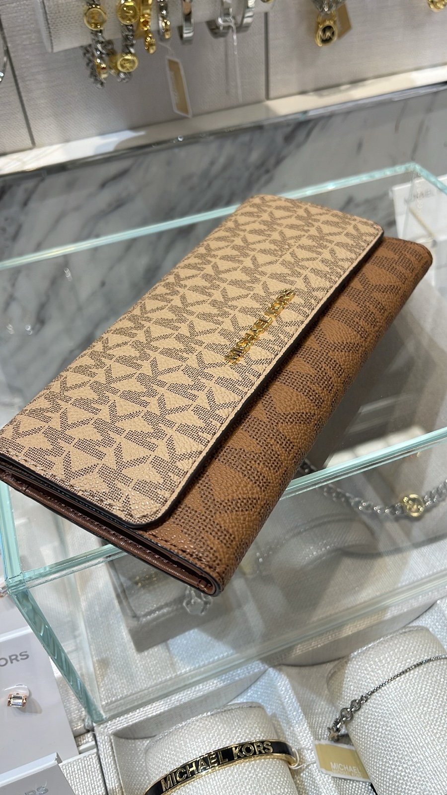 Michael Kors Jet Set Large Signature Logo Tri-Fold Wallet Camel Multi NWT