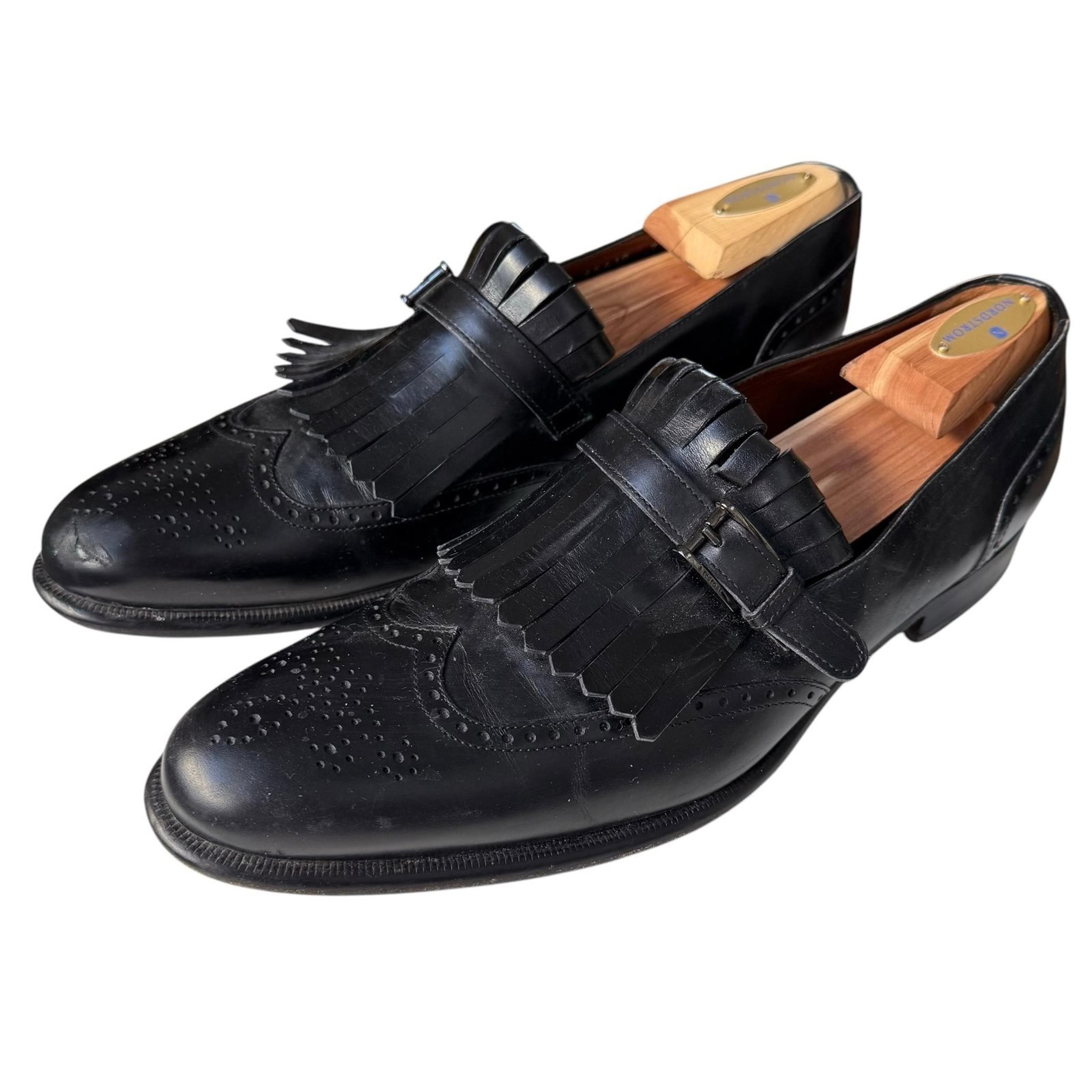A.Testoni Men’s Black Leather Kiltie Wingtip Loafers Size 9.5 US Made In Italy