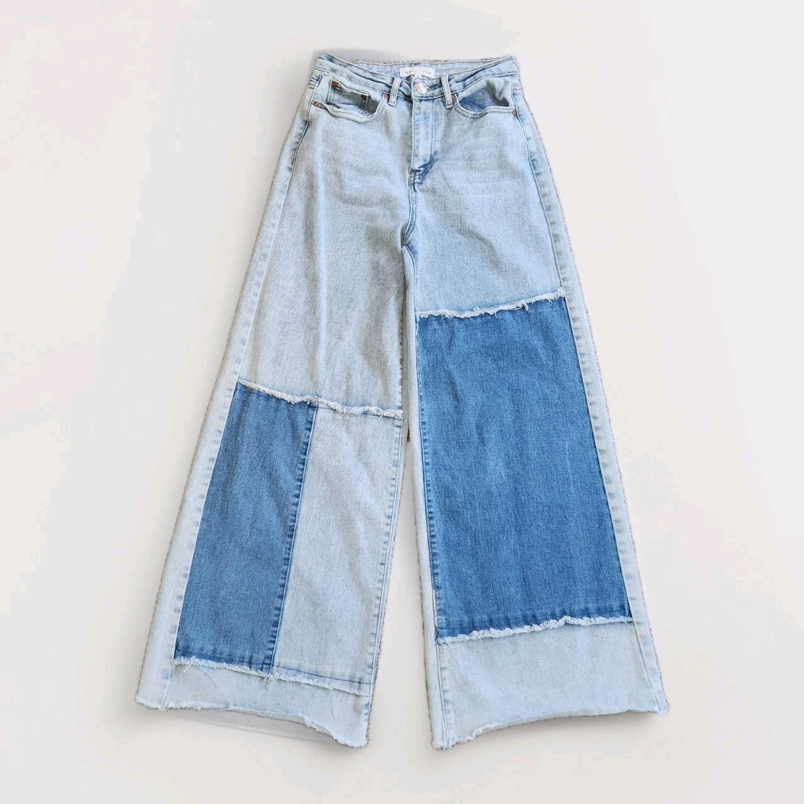 Almost Famous Wide Leg Baggy Jeans Size 3 Patchwork Denim Raw Hem