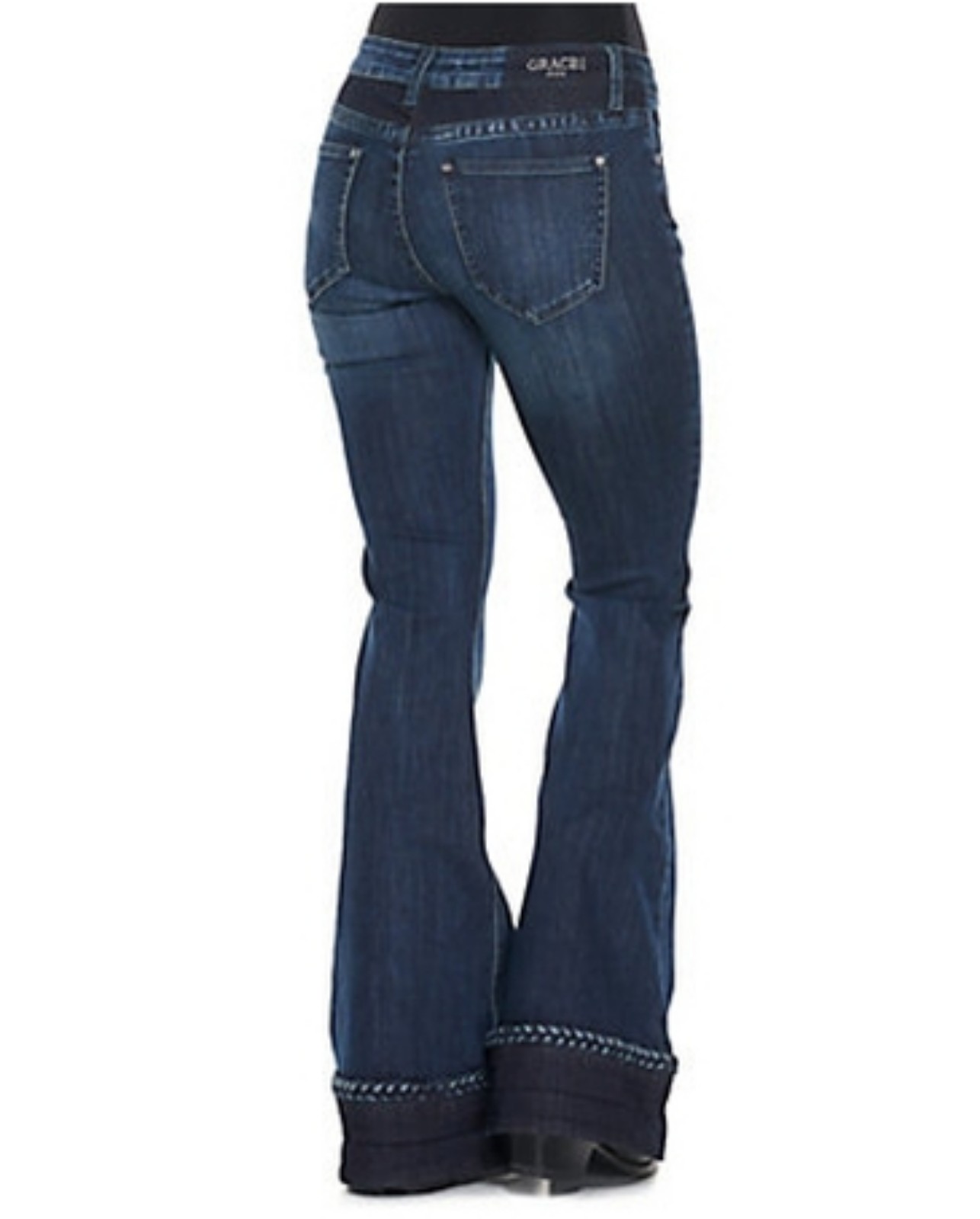 Grace in LA Stretch Bell Bottom Jeans Braid Bottom Flare Size 29 Dark Wash