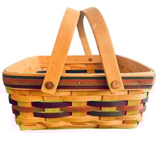 Longaberger Basket 1997 Wood Handles Square 10 Red Green Blue Tan Helper Picnic