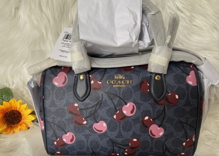 COACH Rowan Satchel Bag Signature Canvas With Cherry Print Denim Pink CY692