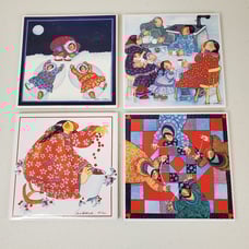 Barbara Lavalee Signed Tile Lot Of 4 - Inuit Alaskan Women Sewing Gathering