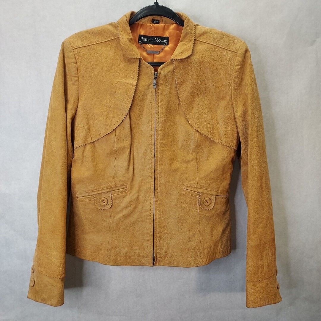 Pamela McCoy Leather Jacket Women's Small Burnt Orange Satin Lined Coat Vintage