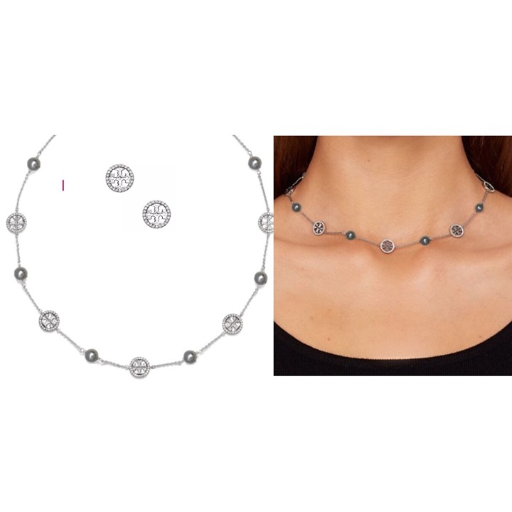 Tory Burch Miller Silver Crystal Logo Necklace & Earrings Set