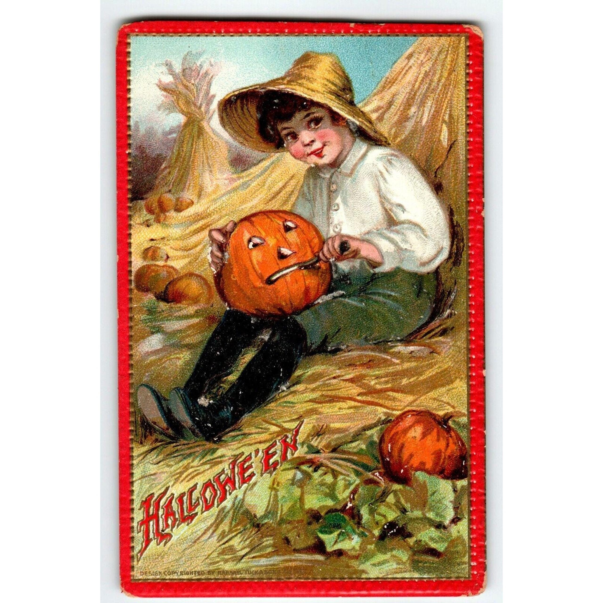 Antique Tucks Halloween Postcard 1910 Embossed Boy Carving JOL Series 174