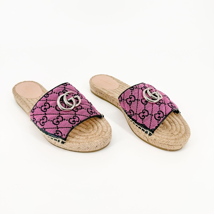 Gucci GG Espadrille Mule Sandal EU 37.5 US 7.5 Pink Purple Monogram Canvas Slide
