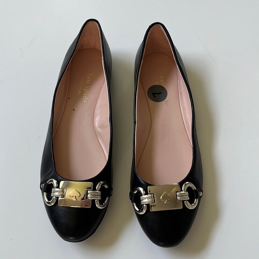 NWOT Kate Spade Phoebe Black Leather Ballet Flats Sz 7 Silver Buckle Classic