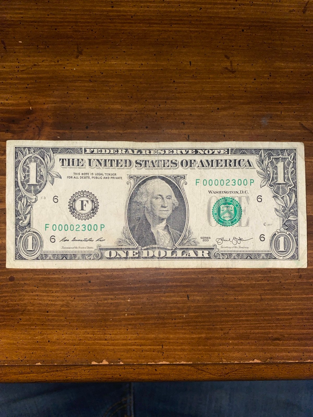 1 Dollar Bill Trinary Note low serial number 2013 Series 2 Digits F00002300P