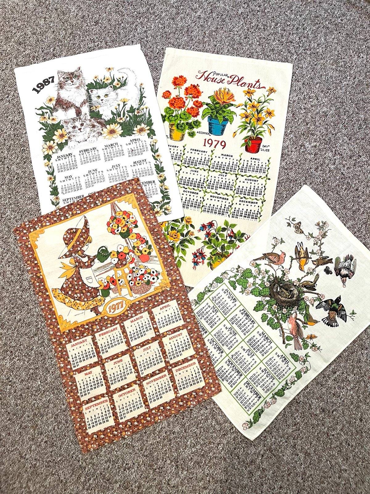 Vintage 1970s and 1980s fabric calendars bundle of 4
