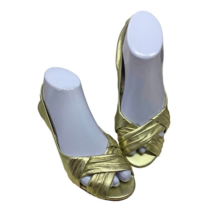 Cole Haan Air Natalie Gold Leather Peep Toe Ballet Low Wedges