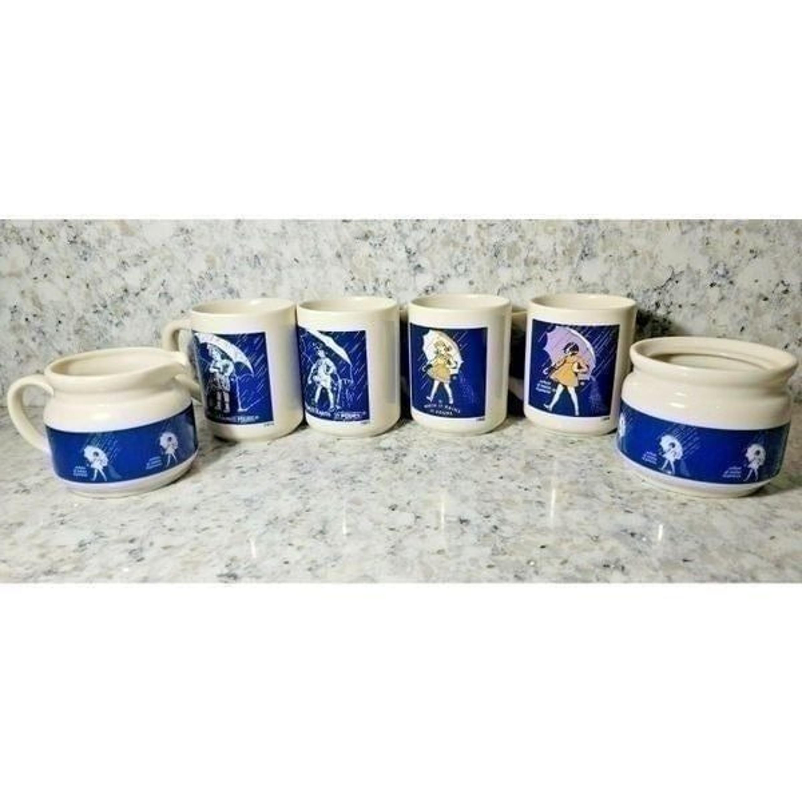 Morton Salt Vintage Set Of 4 Coffee Mugs + Cream & Sugar When It Rains It Pours