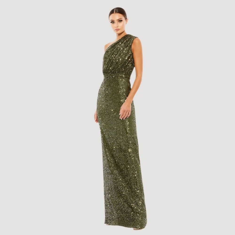 Size 14 IEENA FOR MAC DUGGAL 26694 NWT Dark Green Sequined Ruched One Shoulder