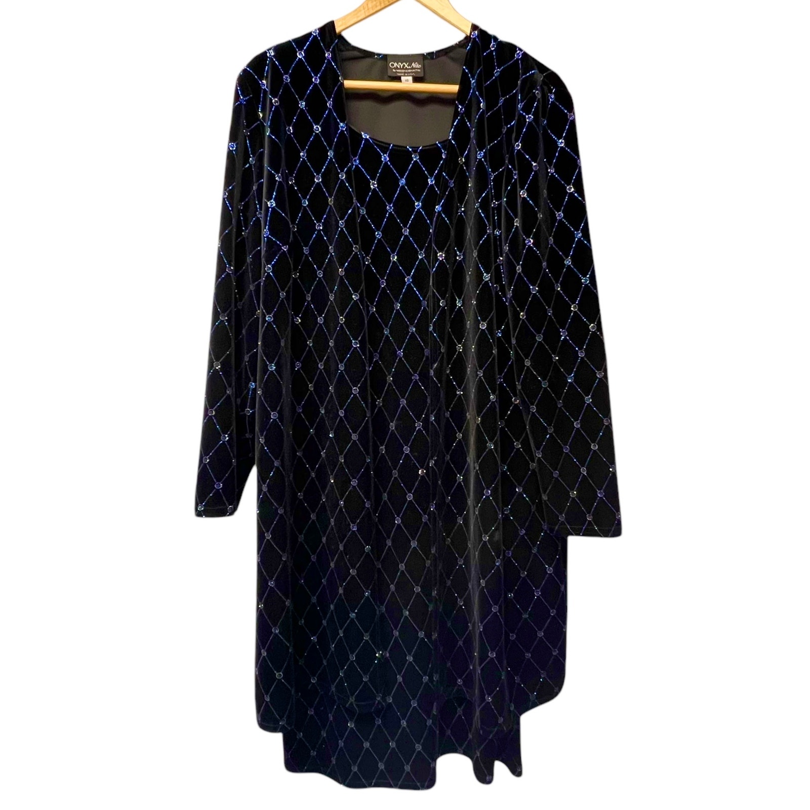 Vintage Onyx 2 Piece Dress Open Blazer Black Velvet Rhinestone Metallic Size 16