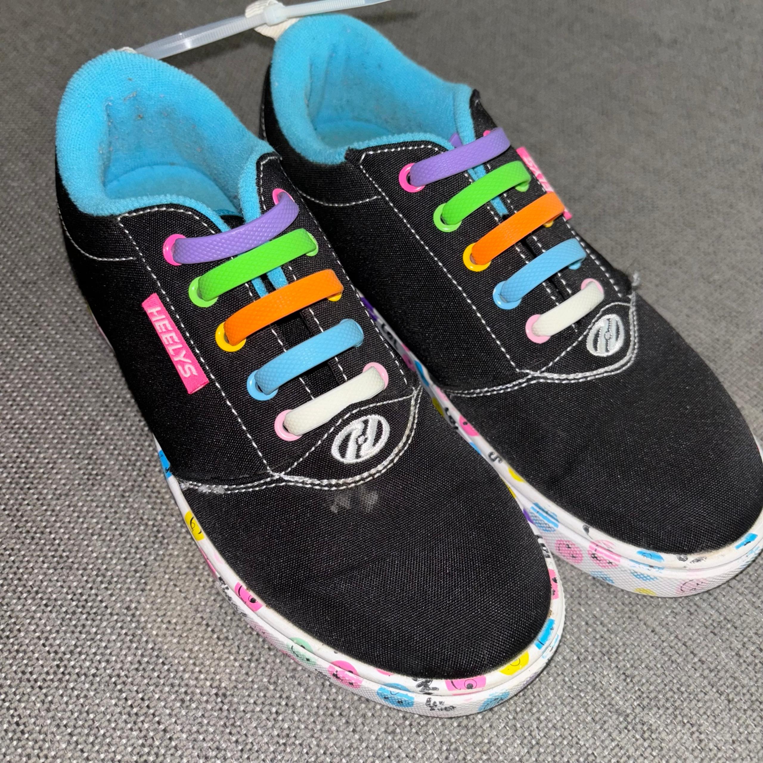 Heelys black shoes smiley colorful trim and laces, youth size 4
