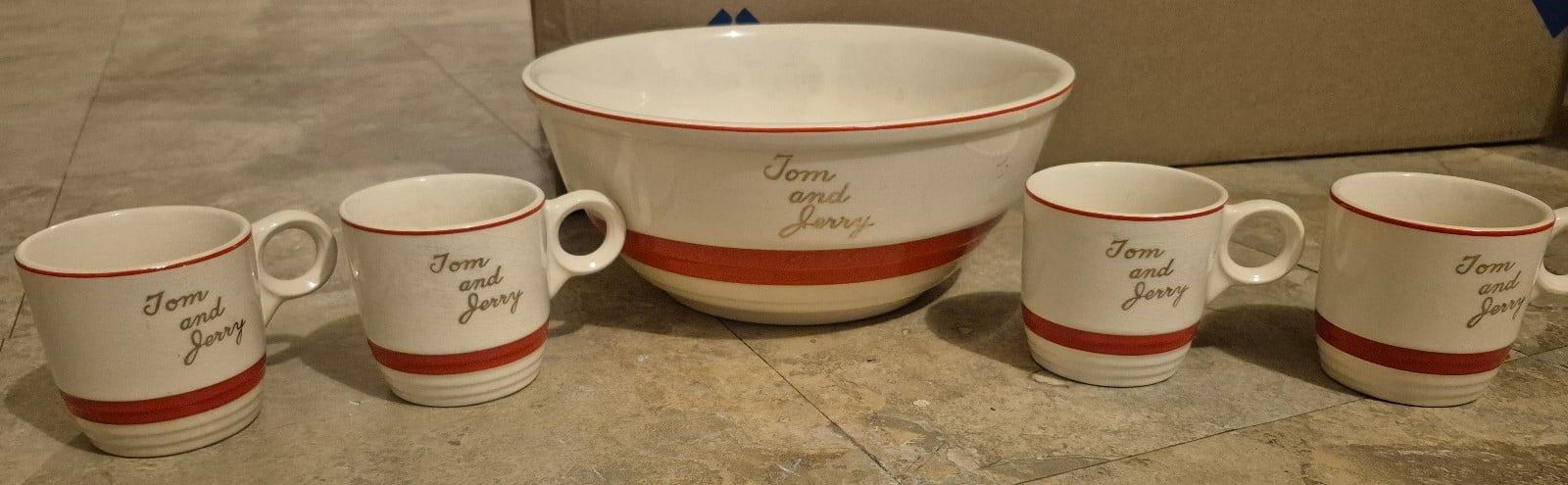 1940s Tom & Jerry Ivory 22 Carat Gold Punch Bowl Set Universal Pottery Cambridge