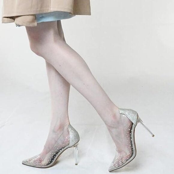 FSJ Women Studded Pointed Toe Transparent Pumps High Heels Shoes with Cute Bowkn