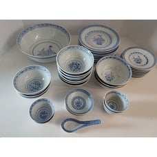 Vtg Rice Flower & Dragon Bowls Tienshan Translucent, Saucers, Spoon 38 Piece Set