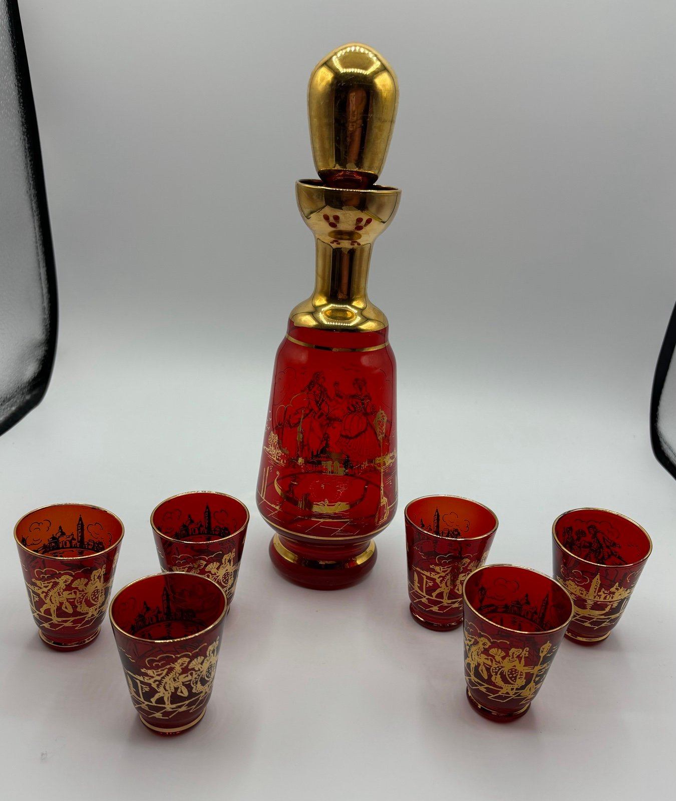 Vintage Ruby Red Glass Gold Gilded Decanter Set with 6 Shot Glasses