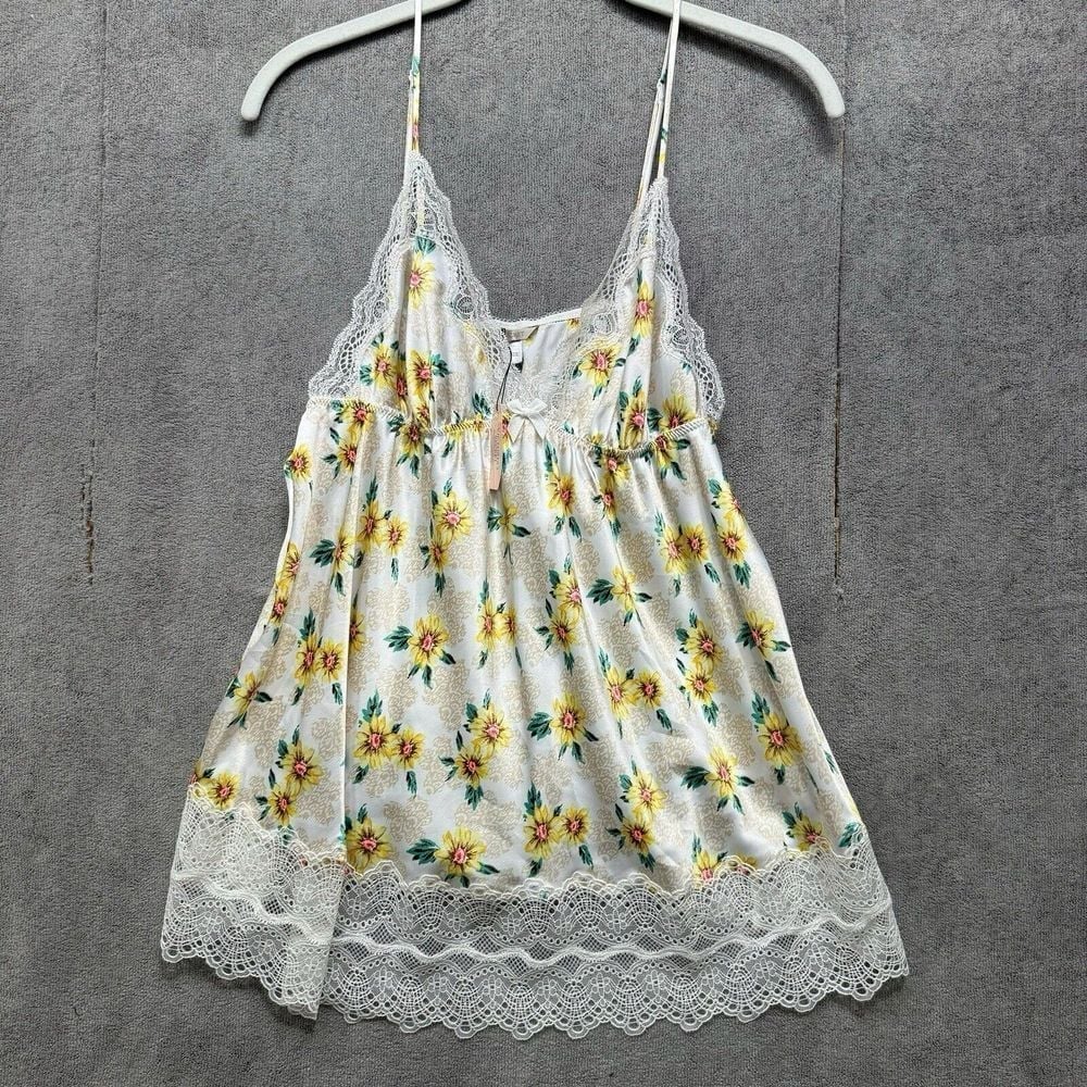 VTG Victorias Secret Babydoll Slip Top Womens Large White Sunflowers Fairy