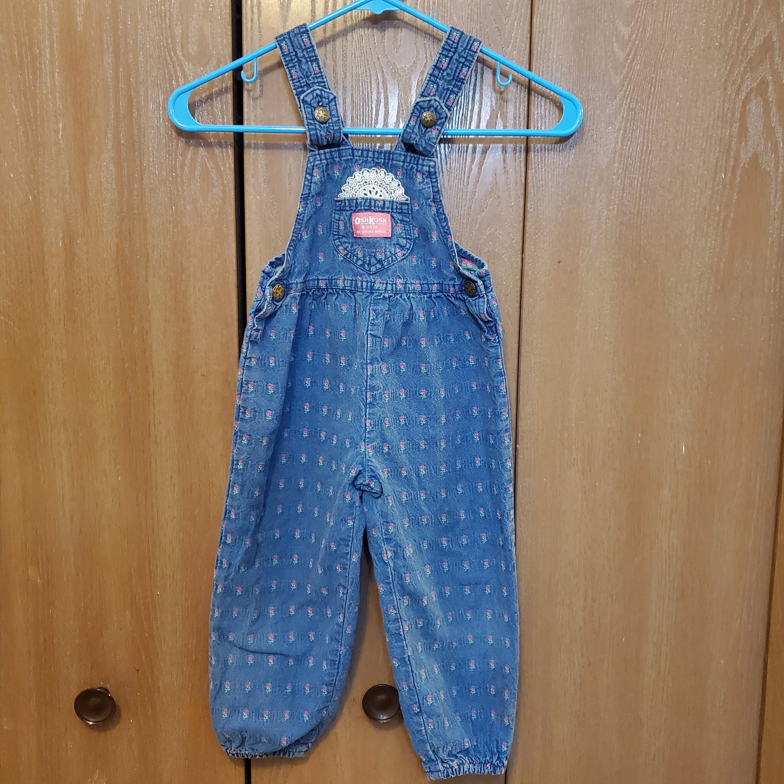 Vtg 80's Oshkosh B'Gosh Overalls Denim Stemmed Roses Lace Bow Size 4T Jumper