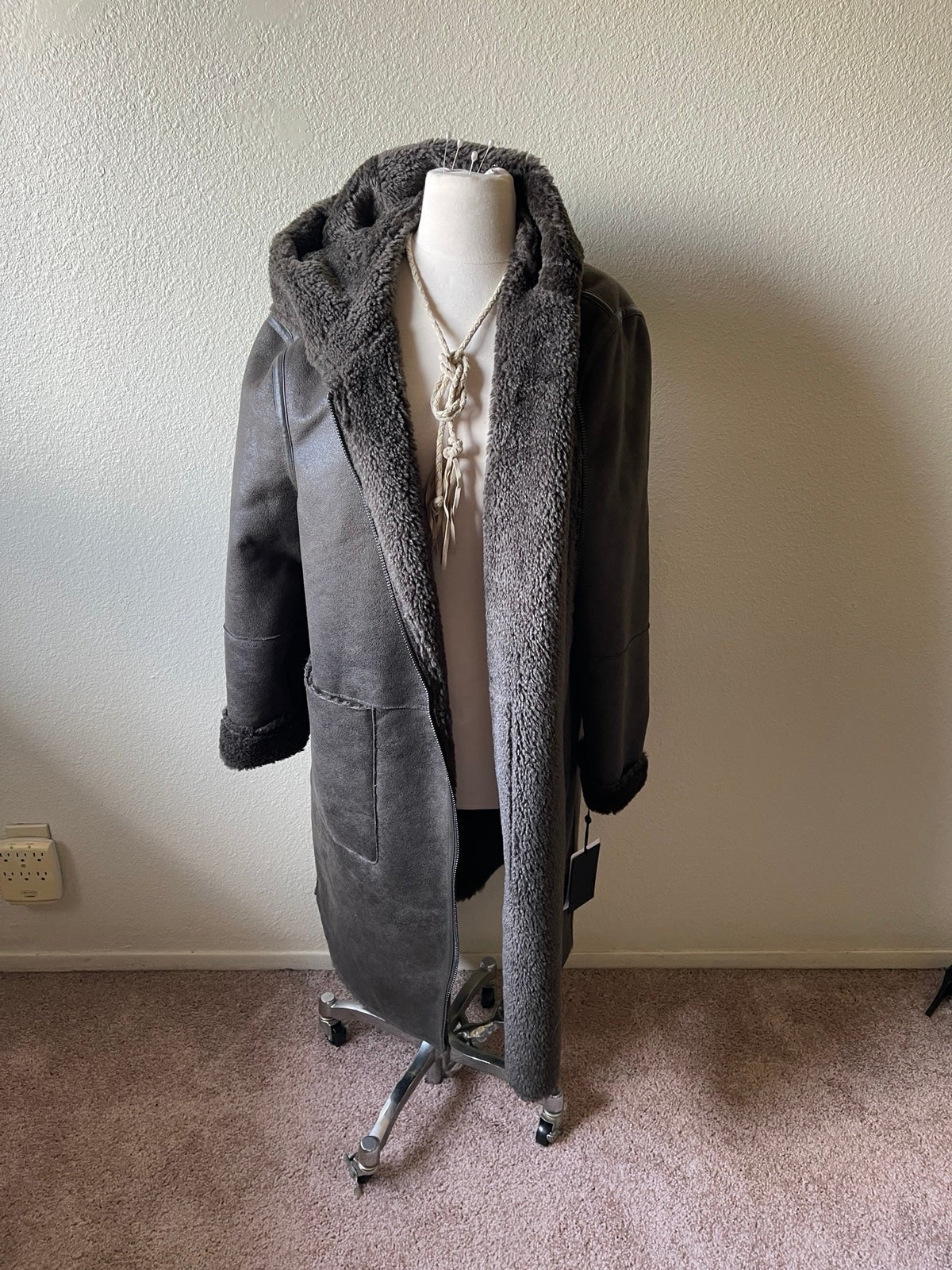 NWT NWT 400 DKNY Hooded Faux Shearling Long Coat, Army Green Brown , 2XL plus S