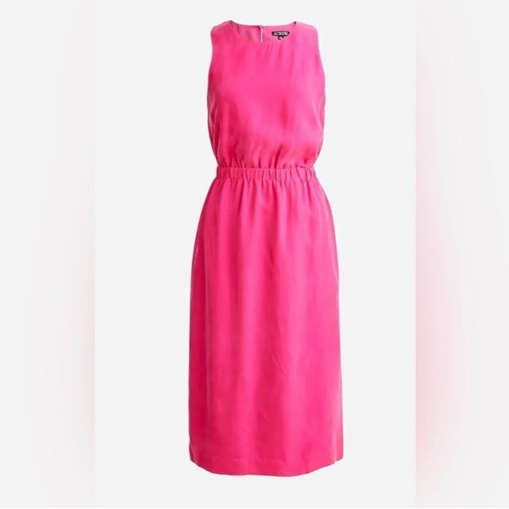 J.Crew Women's Cupro Pink Midi Dress Silk Feel Cinch Elastic Waist Size XL