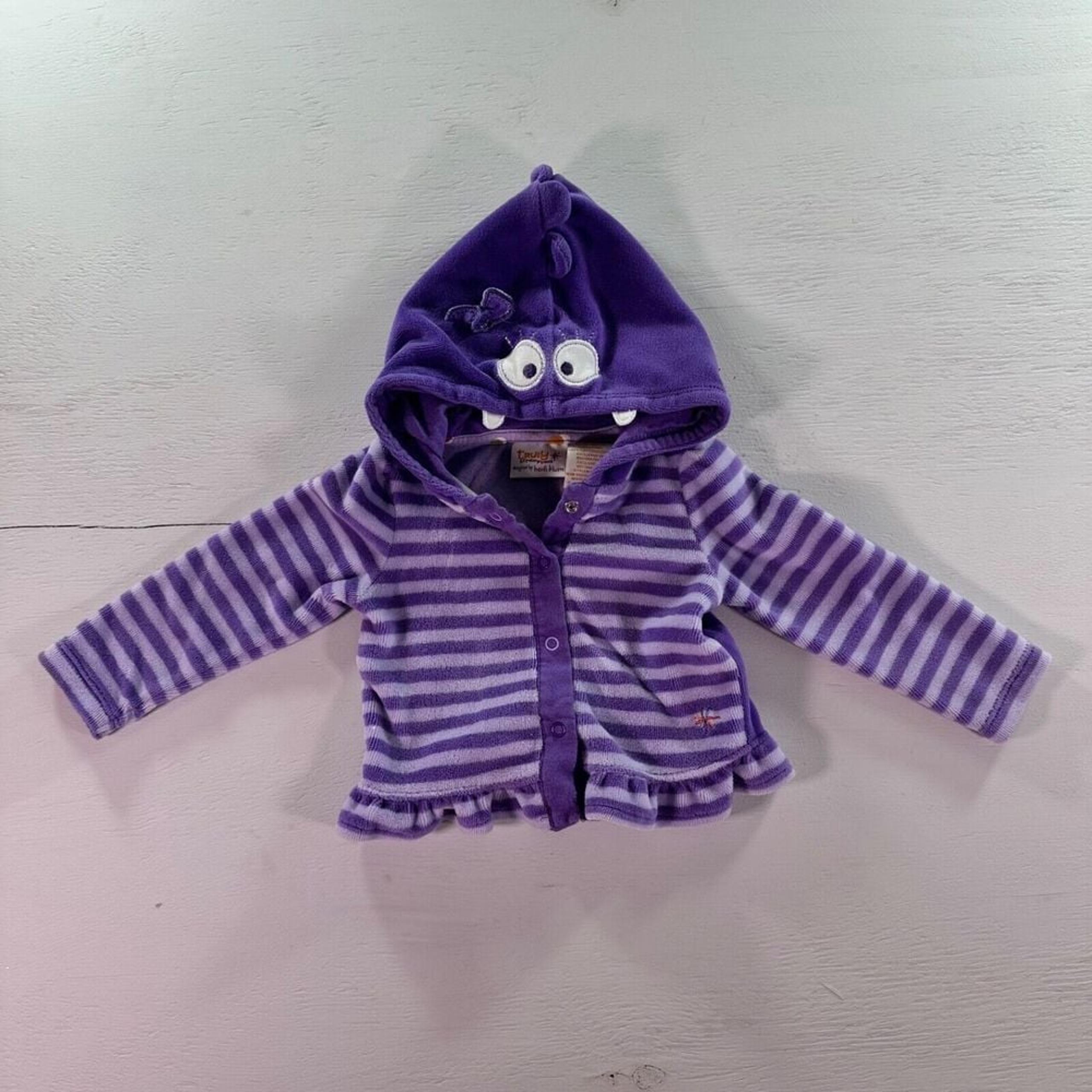 Truly Scrumptious Purple Striped Baby Size NB Ruffle Bottom Snap Monster Hooded