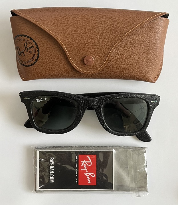 Ray Ban Wayfarer Sunglasses Ray-Ban RB 2140QM 1152/N5 Black Leather Polarized