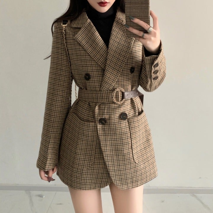 Plaid Double Breasted Belted Suit Jacket