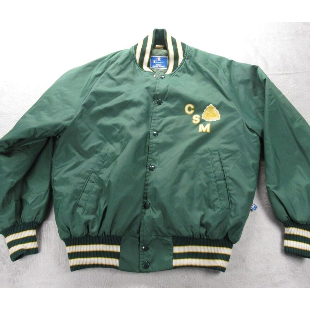 Vintage Champion Jacket Mens Large Green Logo Snap Bomber Made In USA Varsity