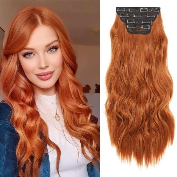 New Clip-in Hair Extensions 4PCS Copper Red Long Wavy Synthetic Fiber for Women
