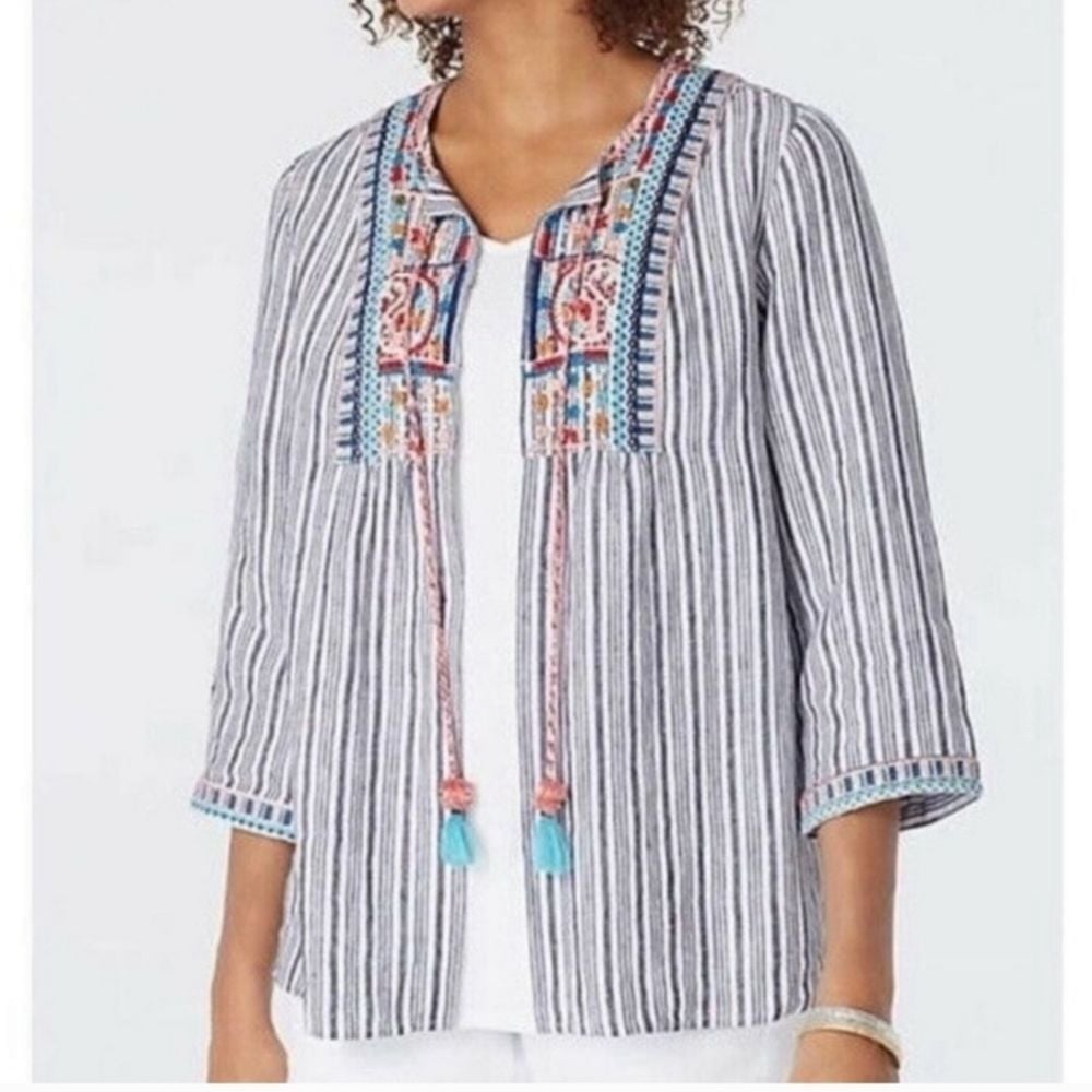 J. Jill Love Linen Embroidered Jacket Shirt Size S Peasant Boho Folk Stripes exc