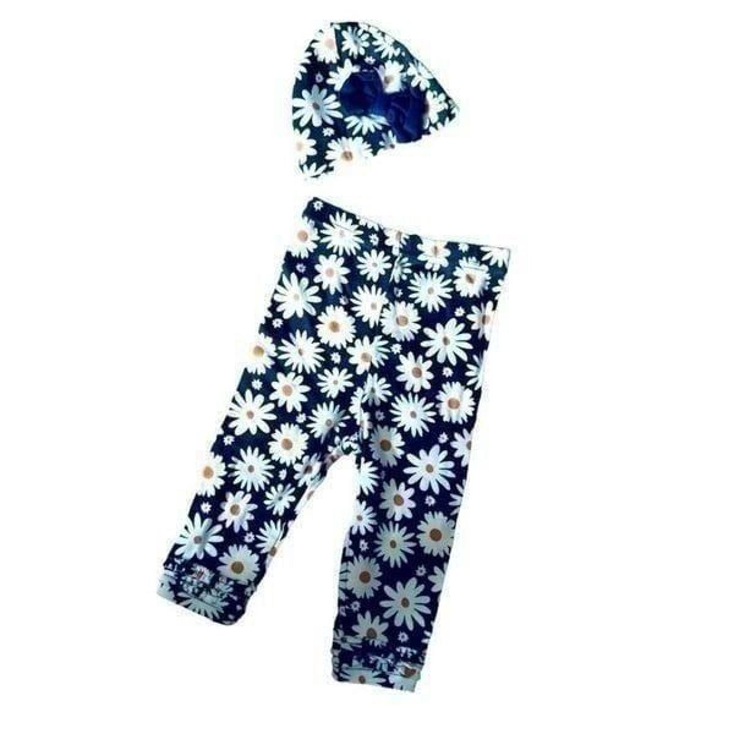 Gerber Navy Blue & White Daisy Print Pullon Leggings & Matching Cap Size 3-6M