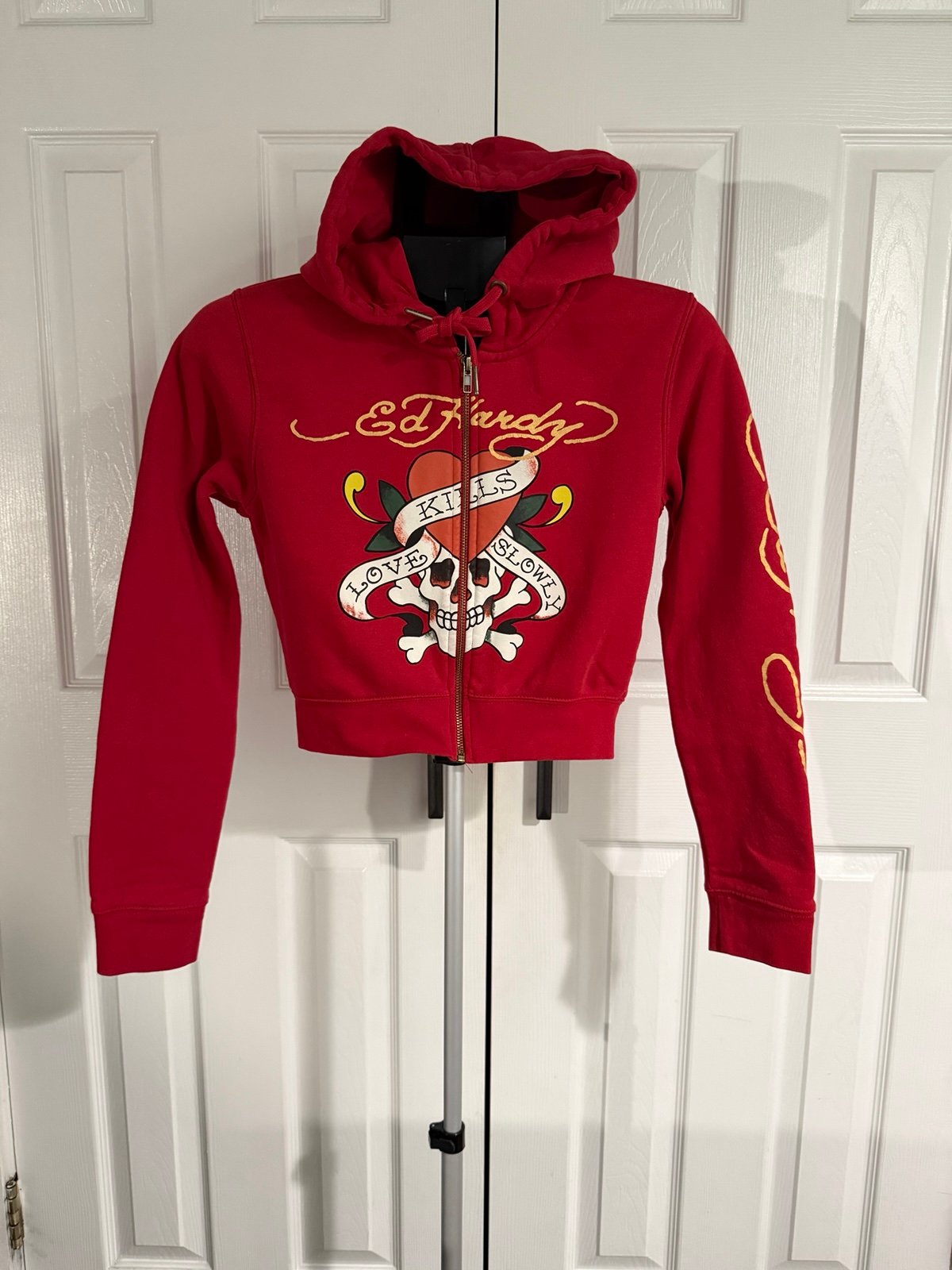 Ed Hardy Love Kills Slowly Skull Cropped Hoodie Sweatshirt