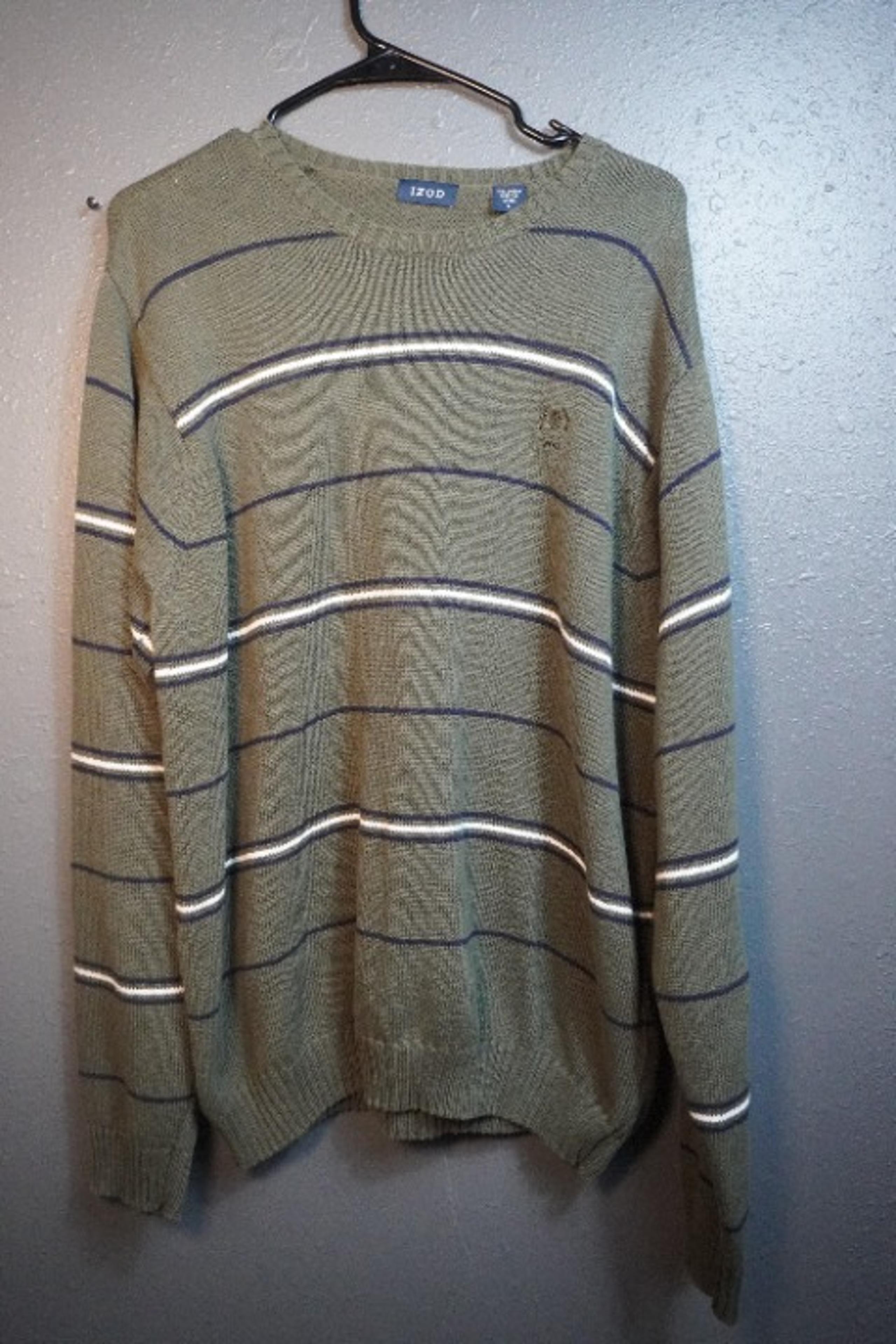 Izod Mens Dark Green White Navy Stripe Cotton Long Sleeve Sweater Size Large