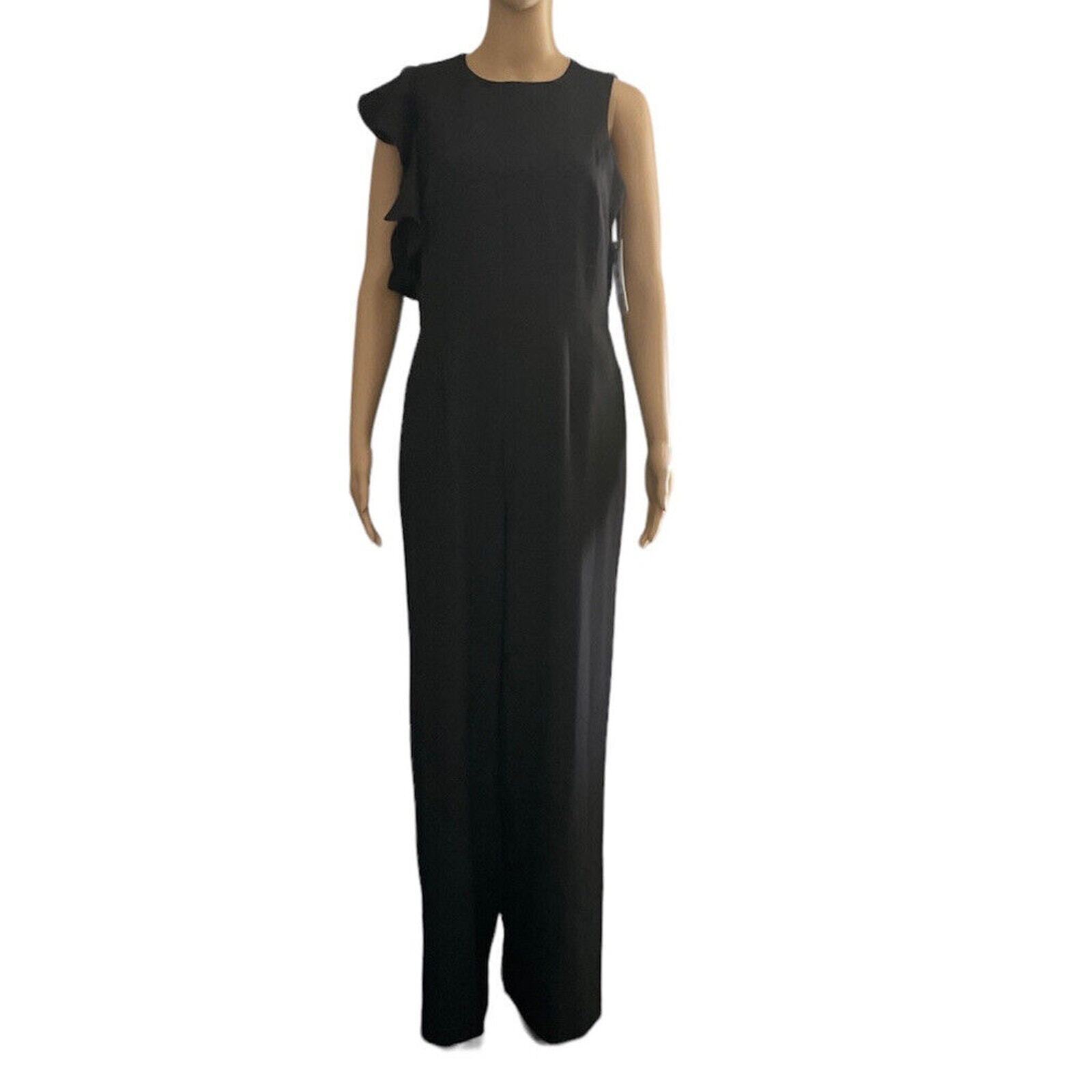 Julia Jordan Womens Wide Leg Jumpsuit Black Size 6 One-Shoulder Ruffled Elegant