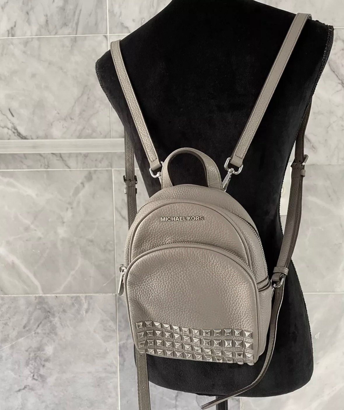Michael Kors Abbey Studded Grey Pebble Leather Mini Backpack