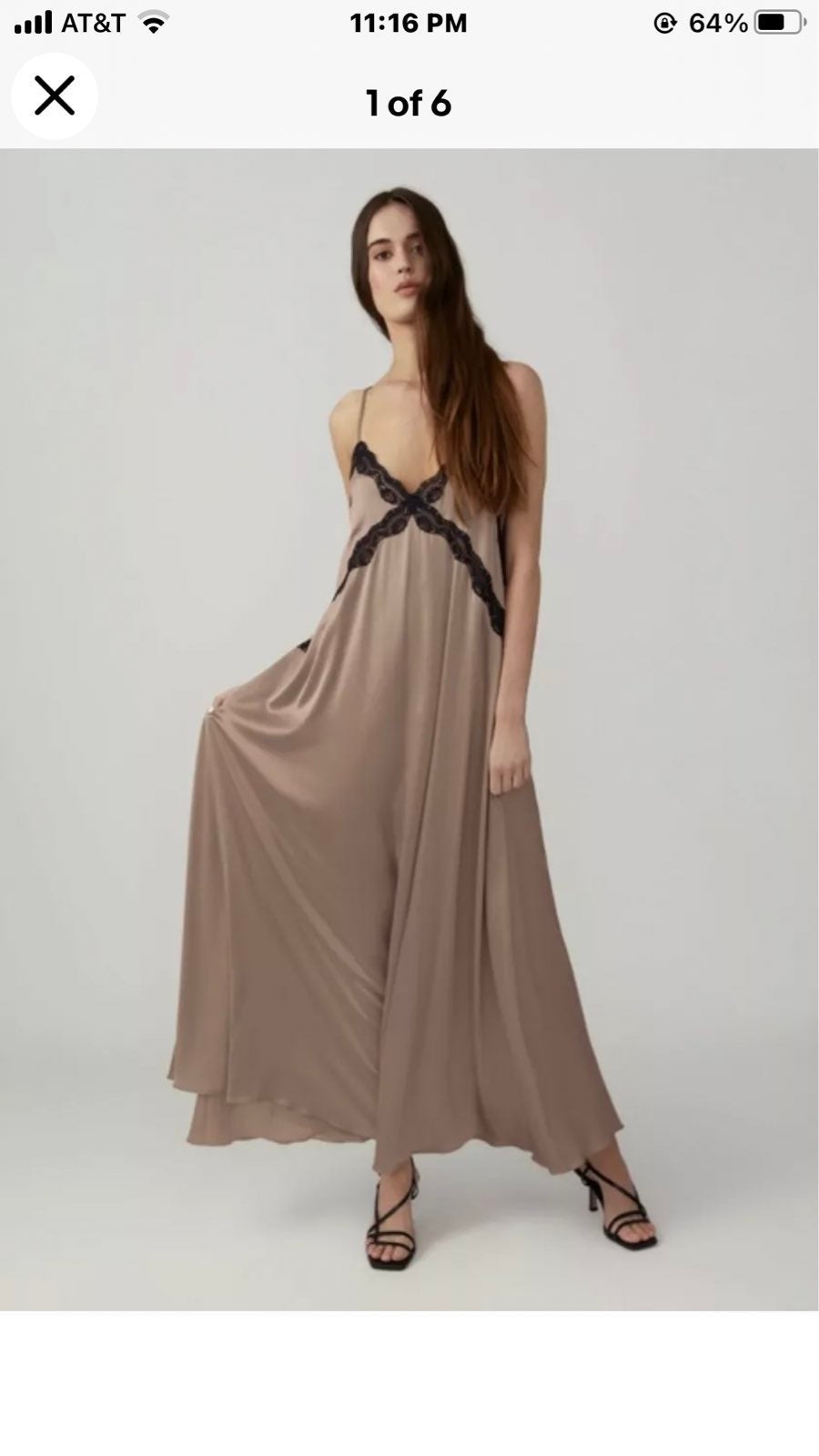 Free People X Fame & Partner Lace Trim Loose Slip Dress Maxi Dark Tan Black Sati