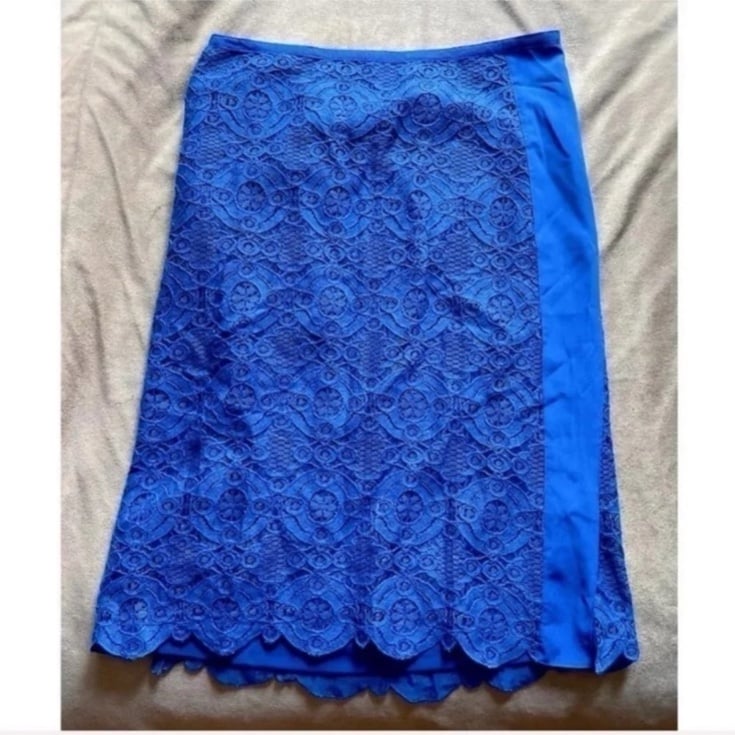 Magaschoni Electric Royal Blue Lace Silk Panel A-Line Midi Skirt Size 4 Small