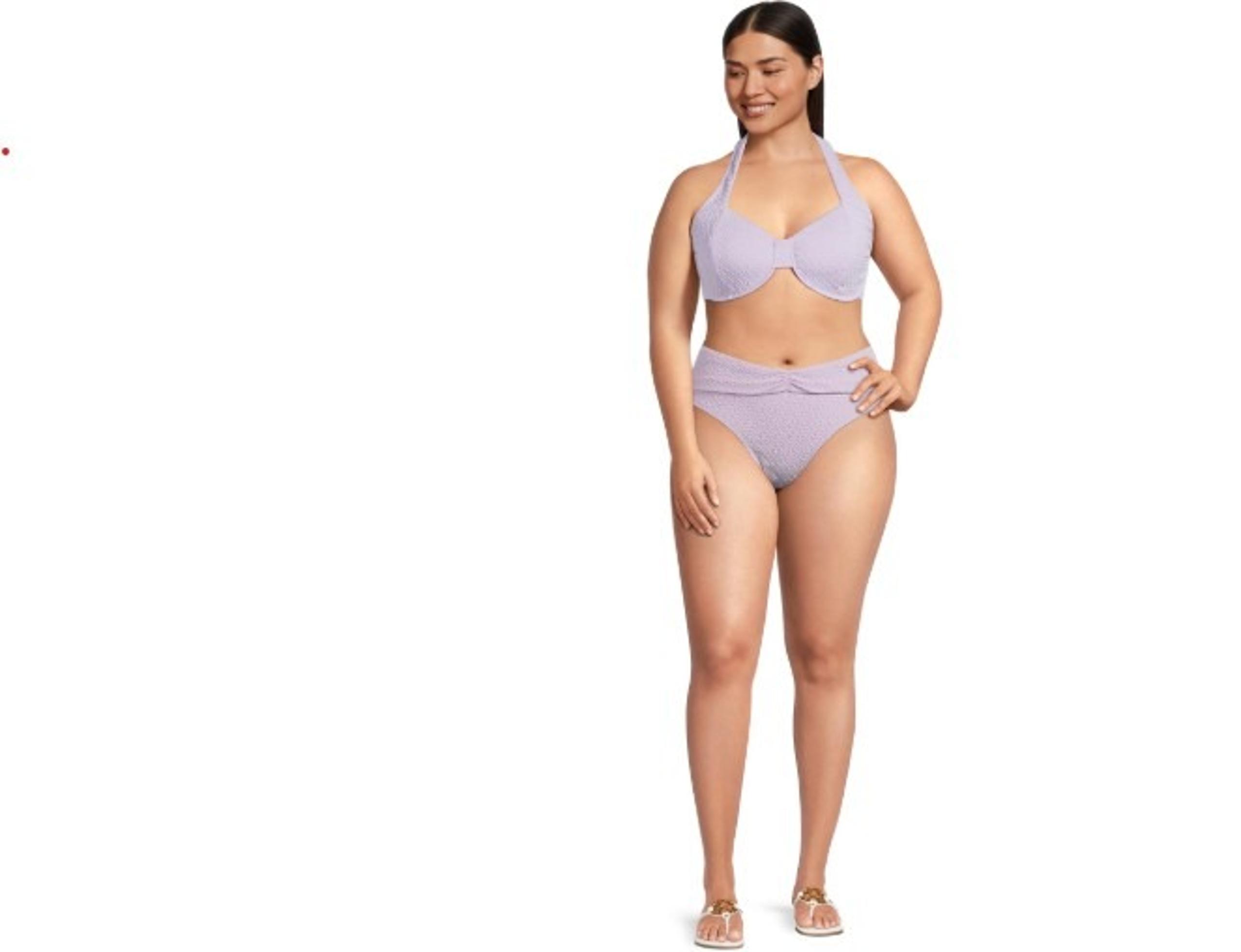 Time & Tru Womens Bikini Textured Lavender Ruched Bottom Halter Top M XL