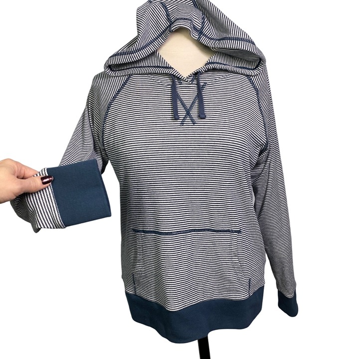 Kuhl hoodie, stripes navy blue, white pullover stretch pocket women's Medium