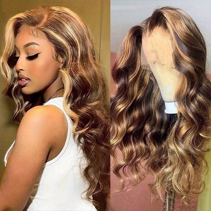 4/27 Highlight Short Wig 150% Density 13x6x1 Body Wave Lace Front Bob Wigs Human