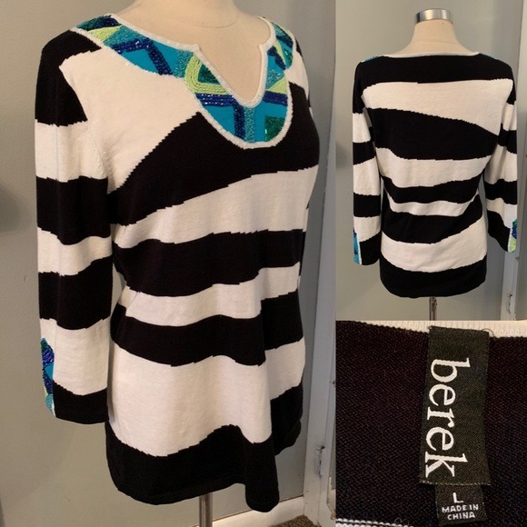 Women’s Black & White zebra striped Beaded Sweater L BEREK Cotton Ramie Preppy